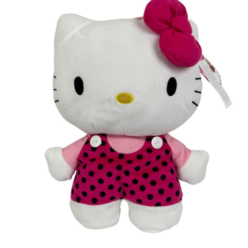 Sanrio Hello Kitty 16" Inch Plush Backpack Pink Jumper With Black Polka Dots NWT